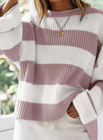 Crew Neck Striped Color-block Sweater