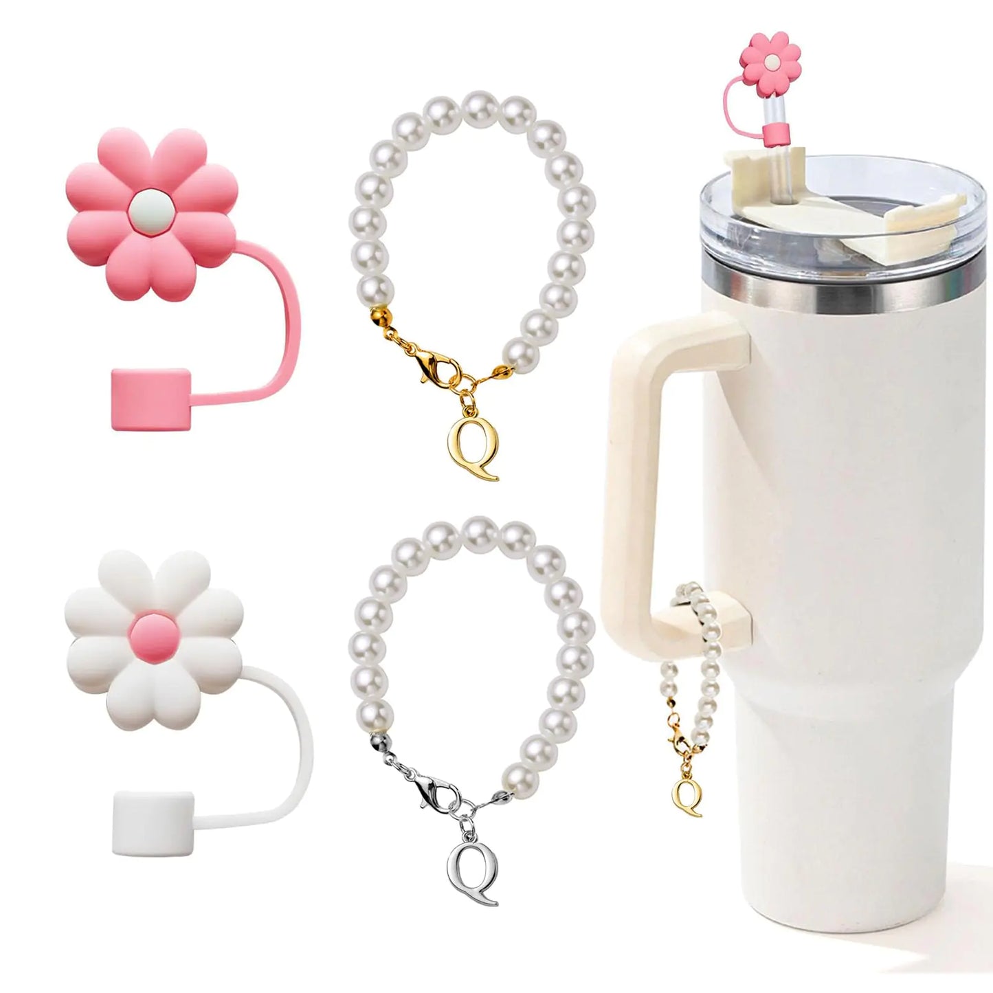 LUHOHI 4pcs Charms for Stanley Cup, Pearl Chain, Initial Letter Charms for Handle with 2pcs straw covers Stuff Decor