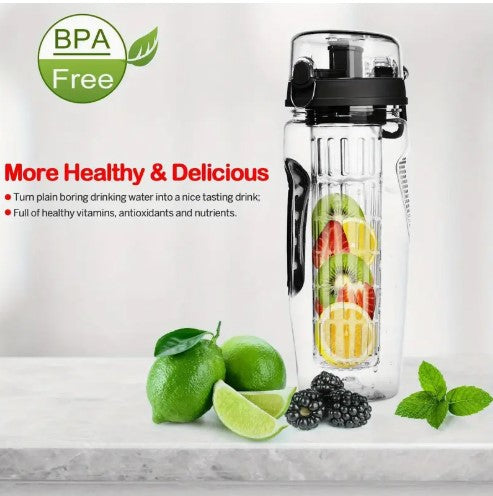 Fruit Infuser Water Bottle 32OZ Jui Shaker Sport w/ Flip Top Lid Anti-Slip Grips