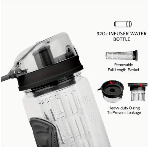 Fruit Infuser Water Bottle 32OZ Jui Shaker Sport w/ Flip Top Lid Anti-Slip Grips