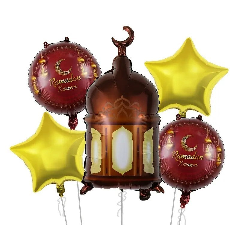 Five Aluminum Foil Balloons Shaped, Perfect for Decorating During Ramadan and Eid Celebrations.