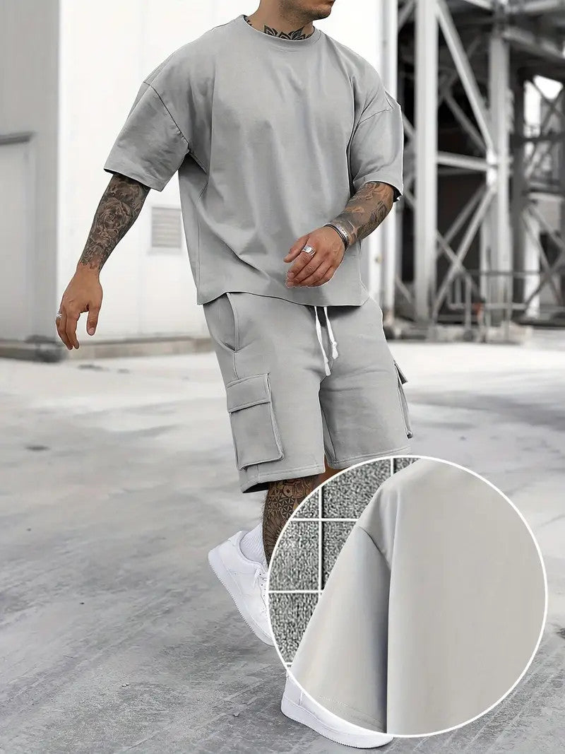 Solid Casual Loose Crew Neck Short Sleeve T-Shirt & Drawstring Shorts