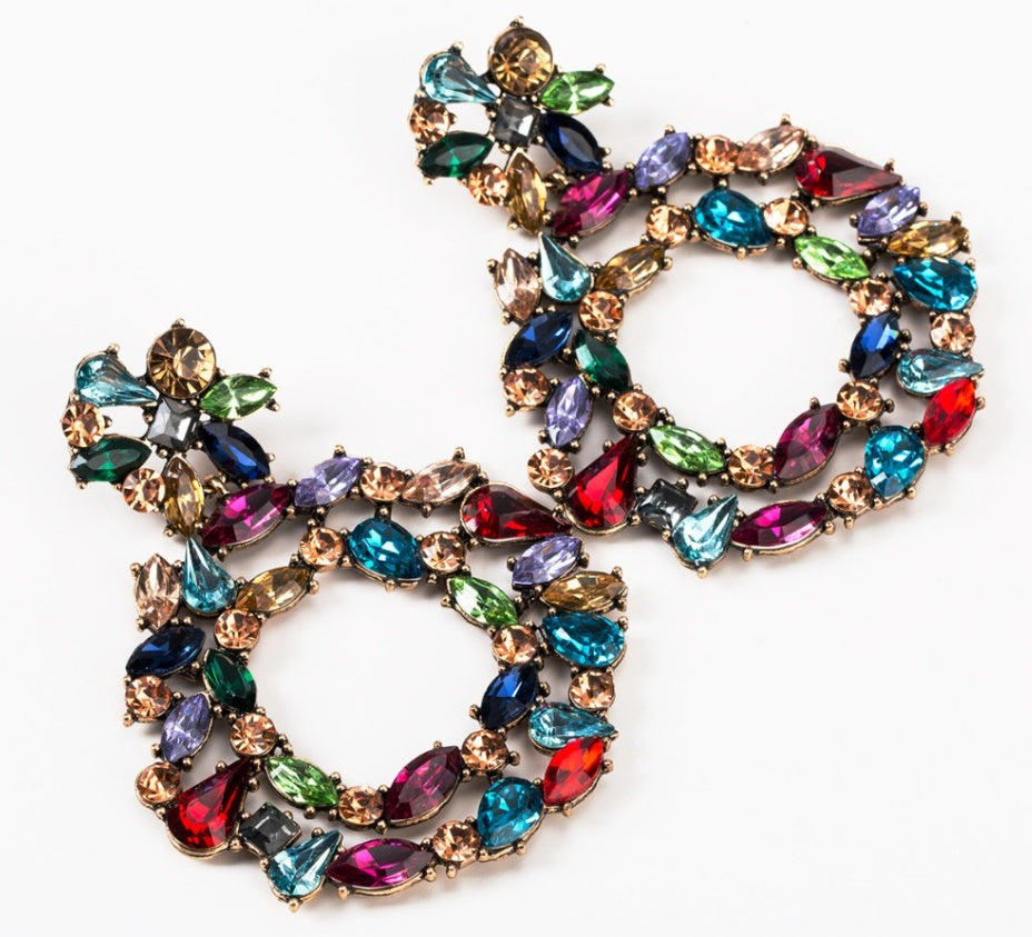Creative Exaggerated Mixed Color Glass Diamond Retro Tassel Earrings