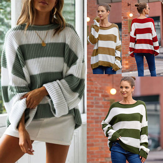 Crew Neck Striped Color-block Sweater