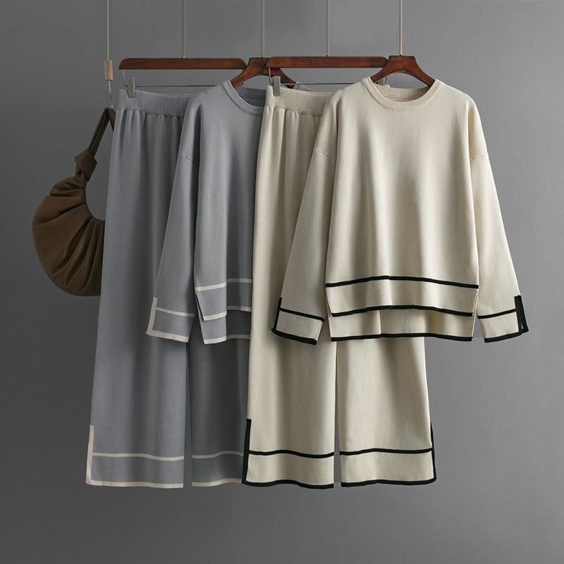 Women's Fashion Suit Contrasting Color With Slits Long-sleeved Sweater