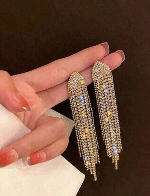 1 Pair Luxury Gold Highly Sparkly Crystal Tassel Earrings