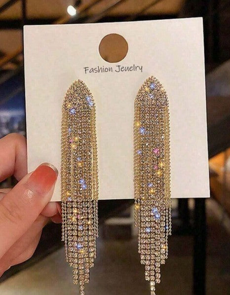 1 Pair Luxury Gold Highly Sparkly Crystal Tassel Earrings