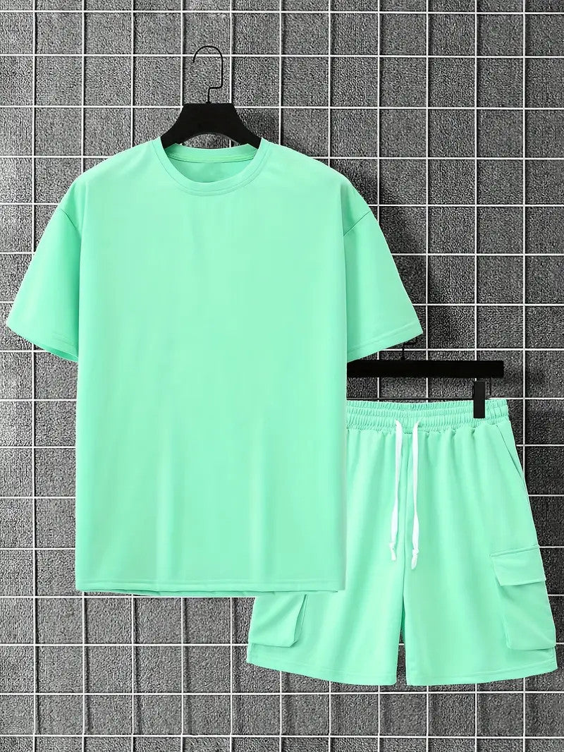 Solid Casual Loose Crew Neck Short Sleeve T-Shirt & Drawstring Shorts