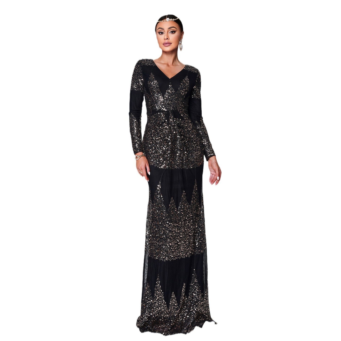 Long Sleeve V-neck Slim-fit Long Sequined Banquet Evening Dress