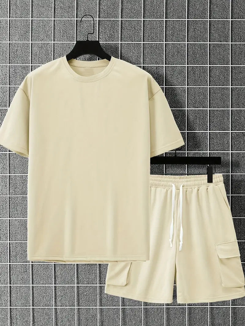 Solid Casual Loose Crew Neck Short Sleeve T-Shirt & Drawstring Shorts