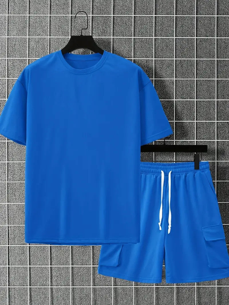 Solid Casual Loose Crew Neck Short Sleeve T-Shirt & Drawstring Shorts