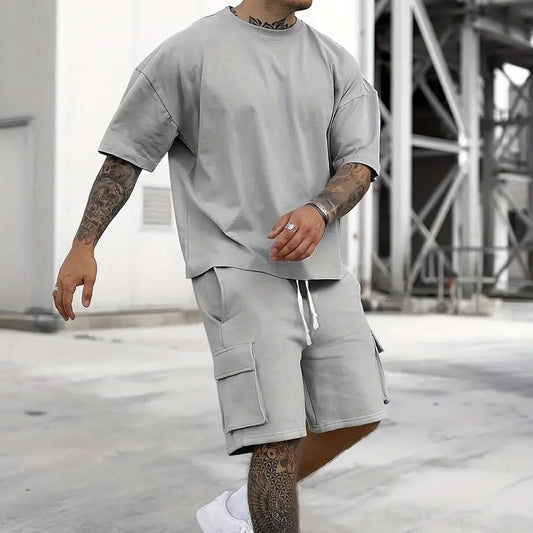 Solid Casual Loose Crew Neck Short Sleeve T-Shirt & Drawstring Shorts