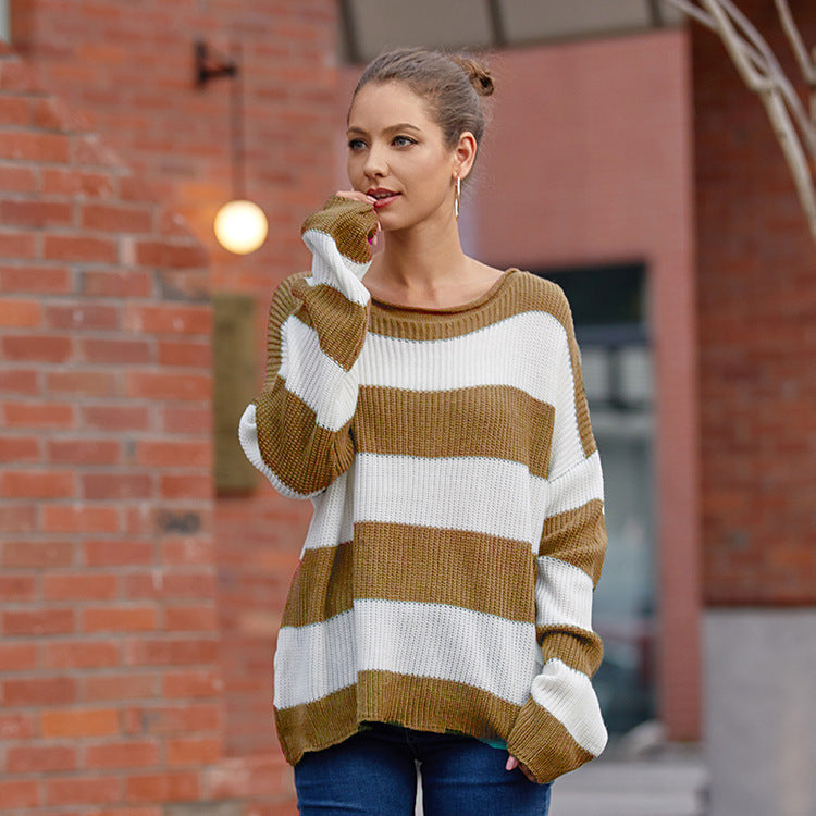 Crew Neck Striped Color-block Sweater