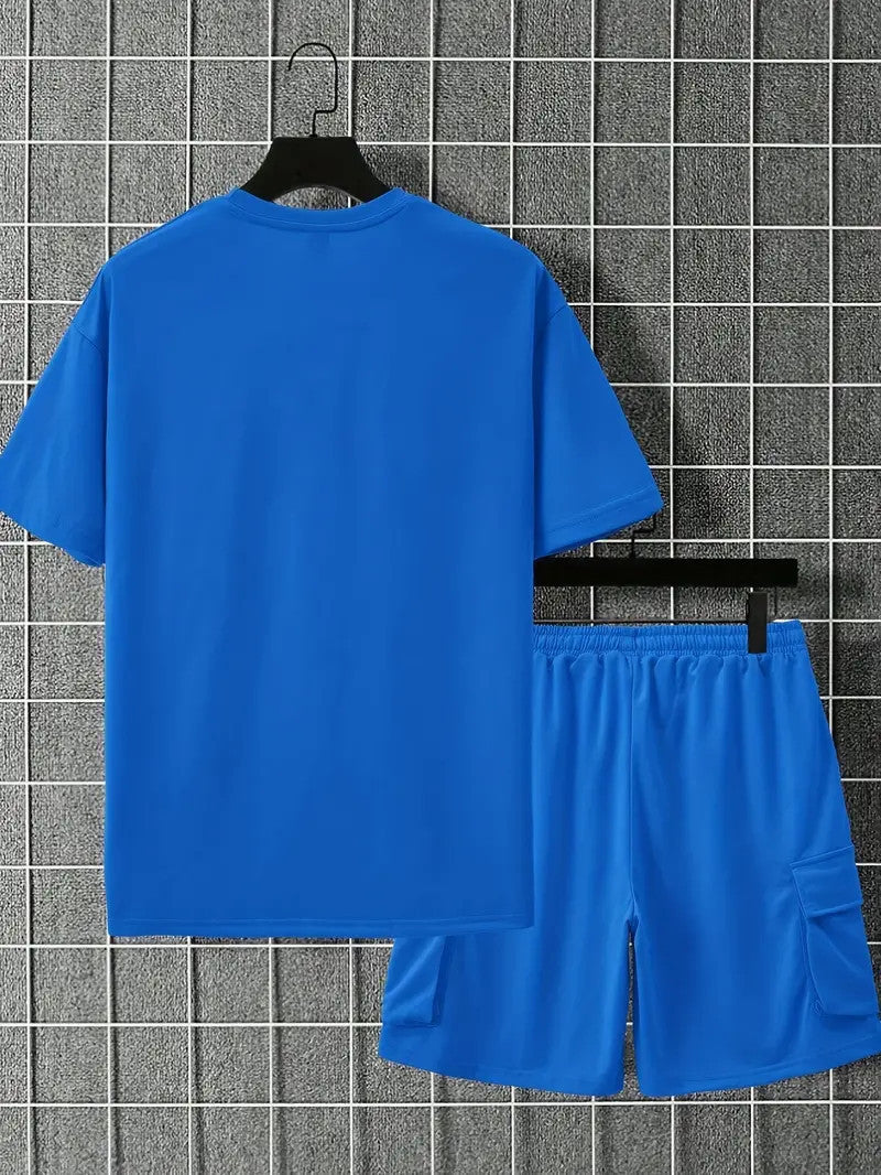 Solid Casual Loose Crew Neck Short Sleeve T-Shirt & Drawstring Shorts