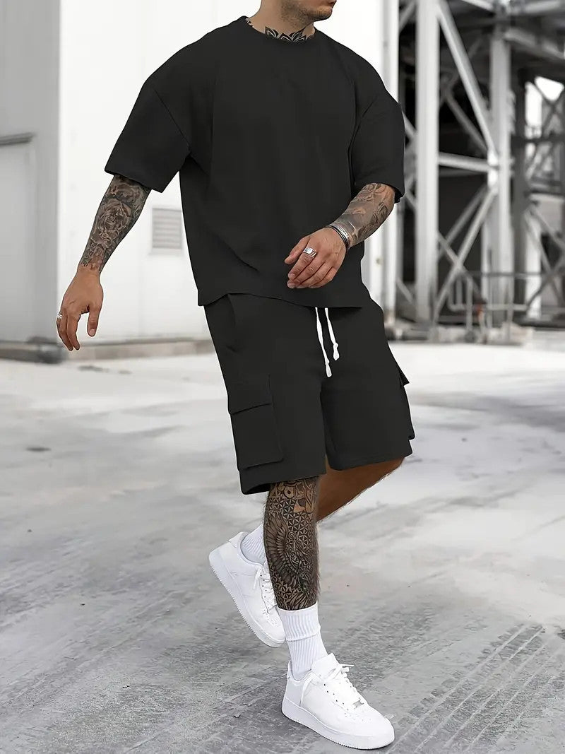 Solid Casual Loose Crew Neck Short Sleeve T-Shirt & Drawstring Shorts
