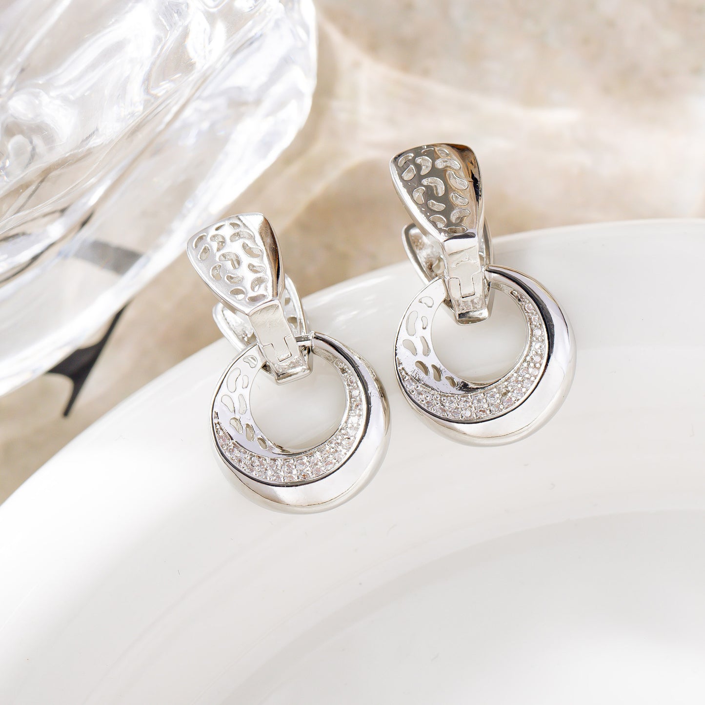 Luxury Hollow Round Moon Rose Gold Silver Color Drop Earrings for Women Micro-Wax Inlay Natural Zircon Flower Bridal Wedding