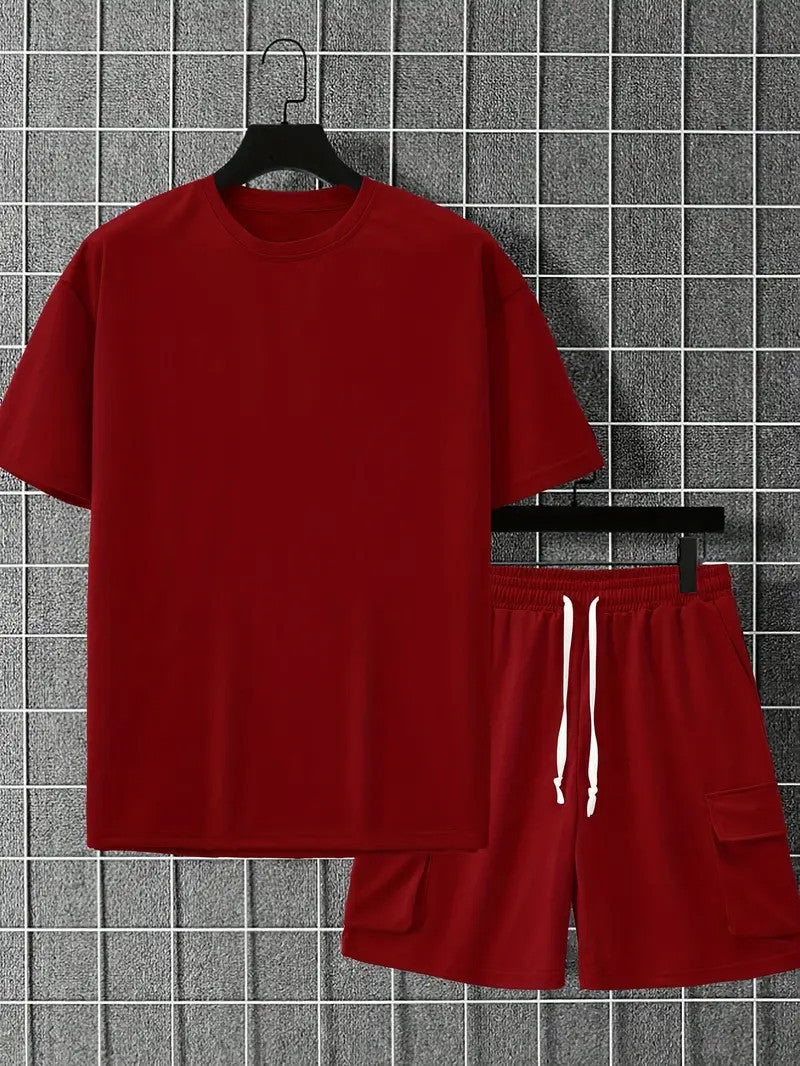 Solid Casual Loose Crew Neck Short Sleeve T-Shirt & Drawstring Shorts