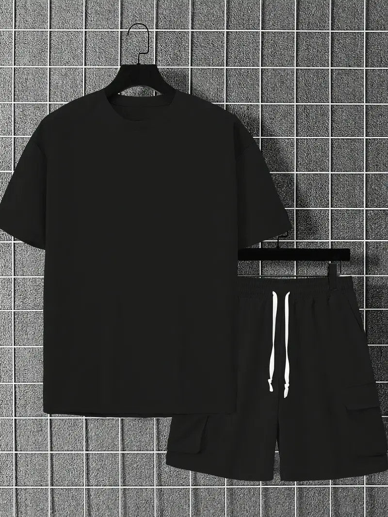 Solid Casual Loose Crew Neck Short Sleeve T-Shirt & Drawstring Shorts