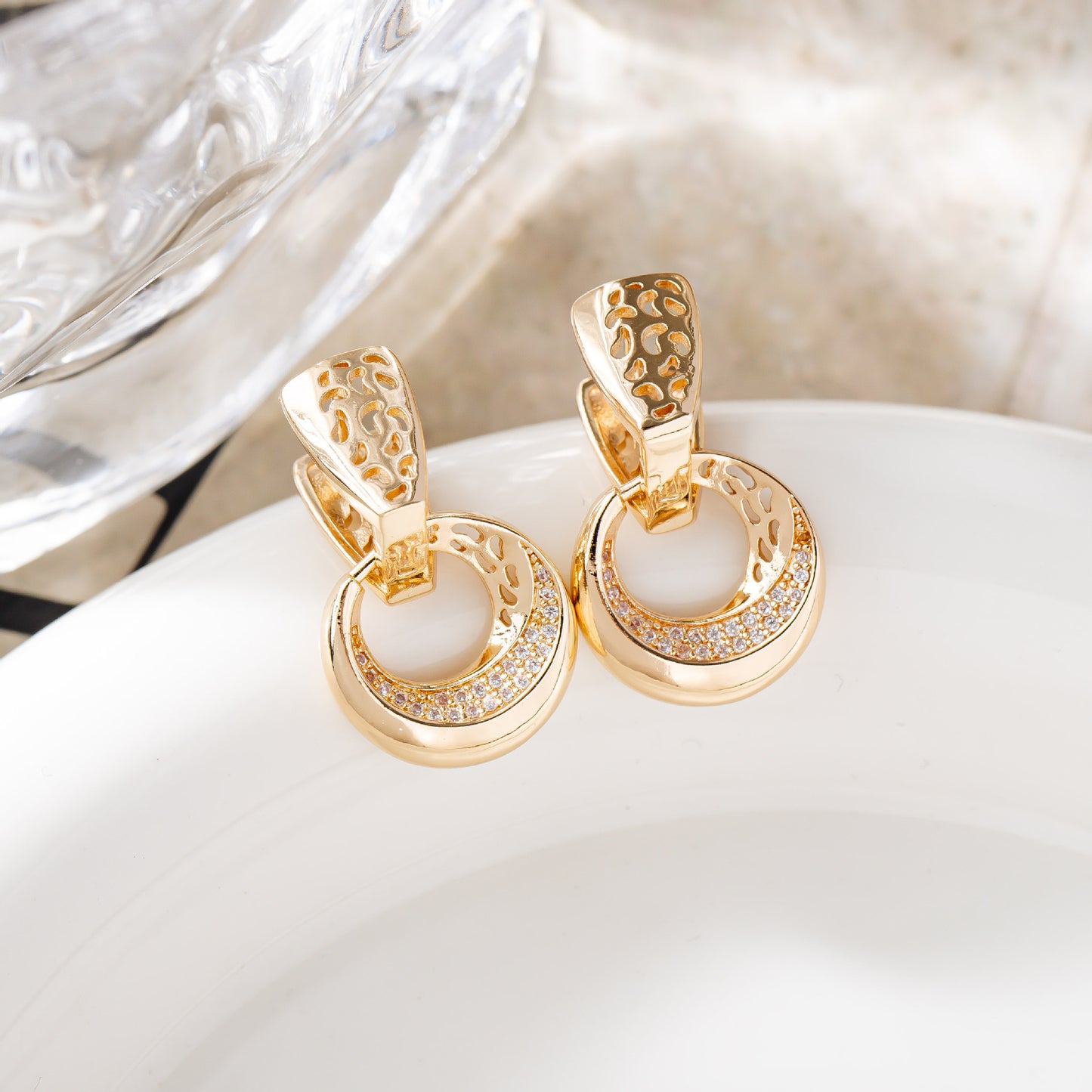 Luxury Hollow Round Moon Rose Gold Silver Color Drop Earrings for Women Micro-Wax Inlay Natural Zircon Flower Bridal Wedding