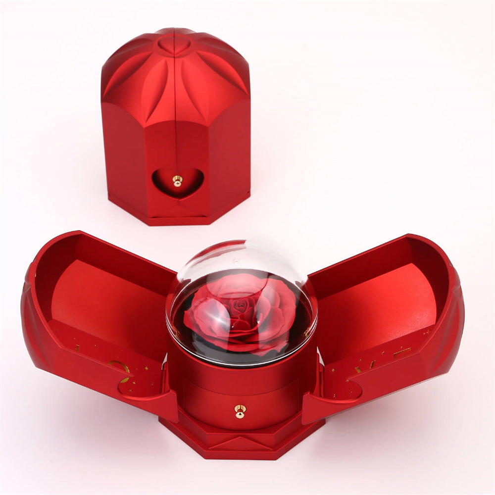 Double open rose gift box drawer style rose jewelry box angel wings