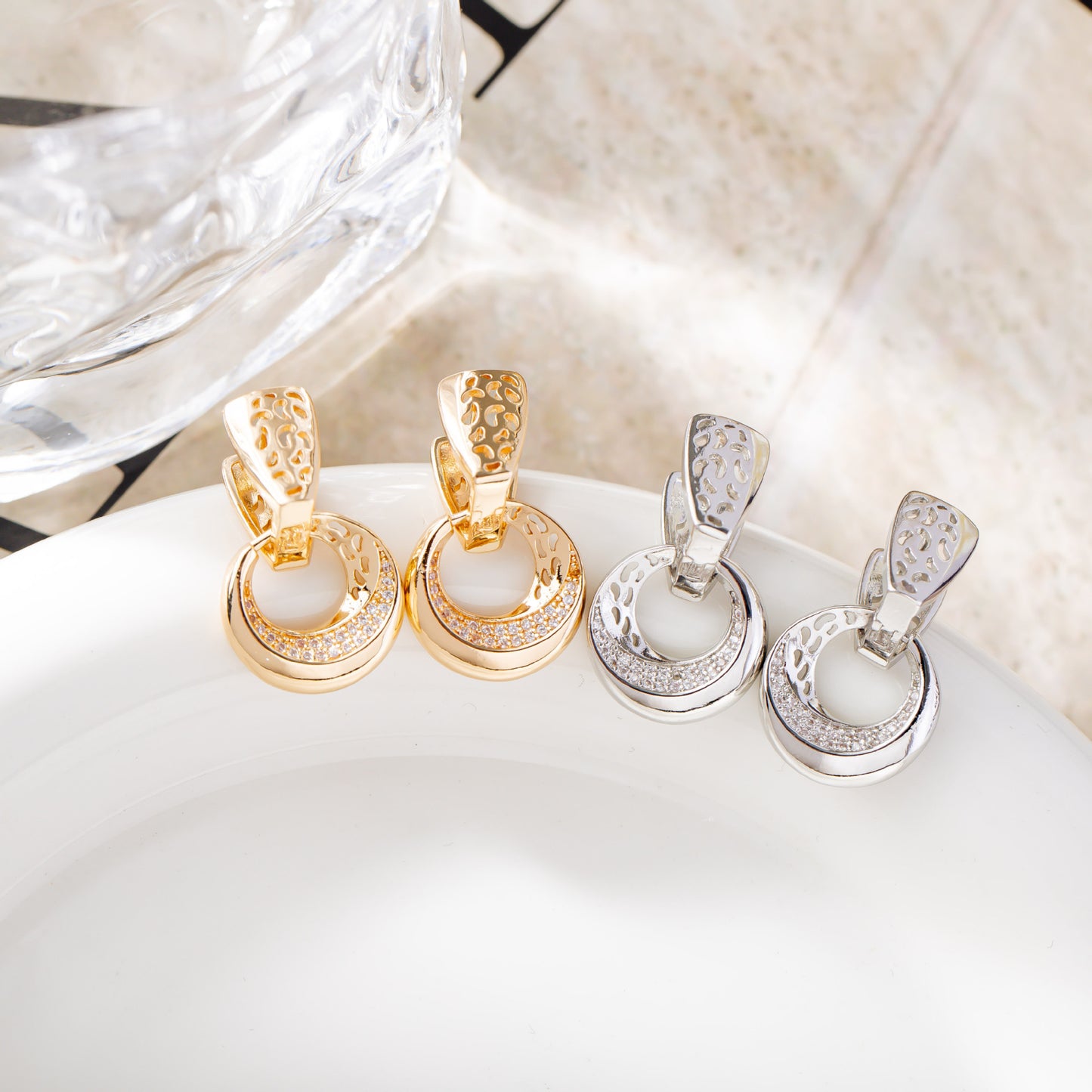 Luxury Hollow Round Moon Rose Gold Silver Color Drop Earrings for Women Micro-Wax Inlay Natural Zircon Flower Bridal Wedding