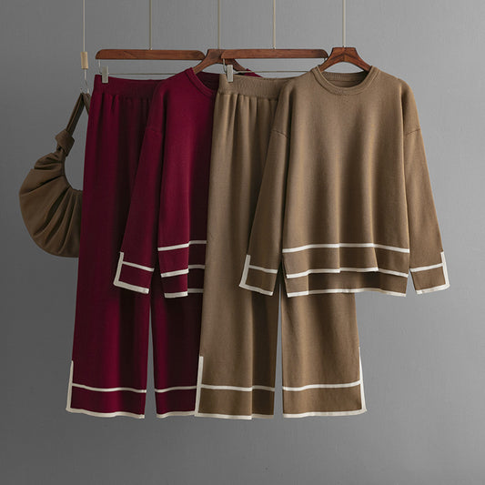 Women's Fashion Suit Contrasting Color With Slits Long-sleeved Sweater