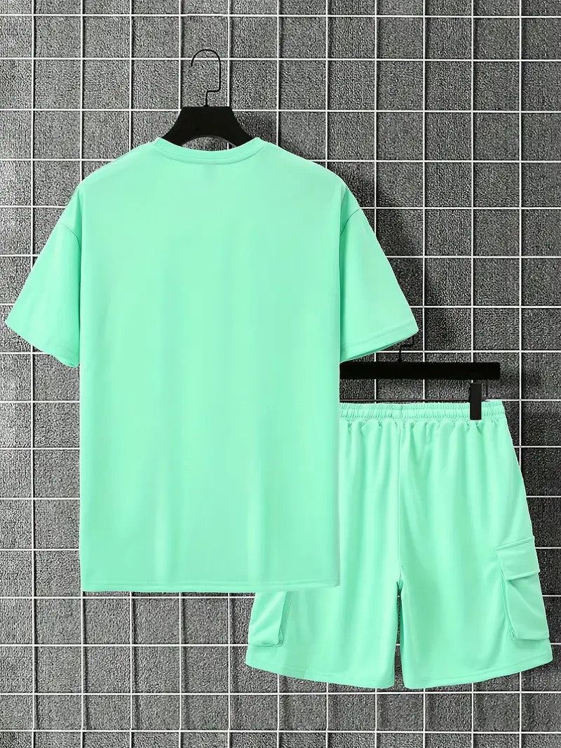 Solid Casual Loose Crew Neck Short Sleeve T-Shirt & Drawstring Shorts