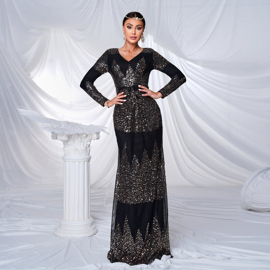 Long Sleeve V-neck Slim-fit Long Sequined Banquet Evening Dress