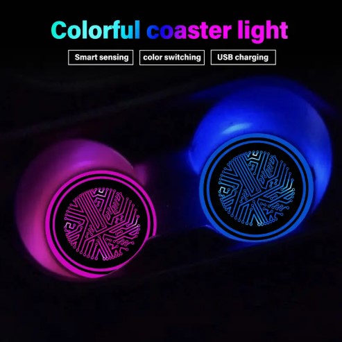 2PCS LED Car Cup Holder Lights 7 Colors Changing USB Charging Mat Waterproof Cup Pad, Car Gifts for Men & Women