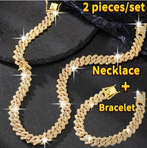 2pcs Shiny Cuban Link Chain for Men Necklace Set Plus Bracelet Set
