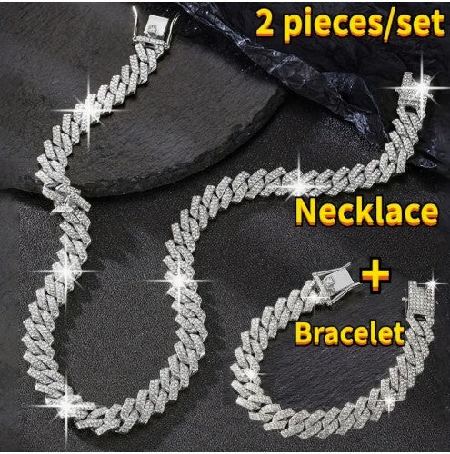 2pcs Shiny Cuban Link Chain for Men Necklace Set Plus Bracelet Set