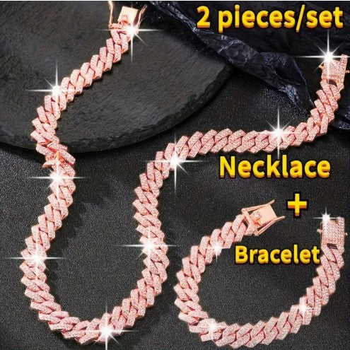 2pcs Shiny Cuban Link Chain for Men Necklace Set Plus Bracelet Set