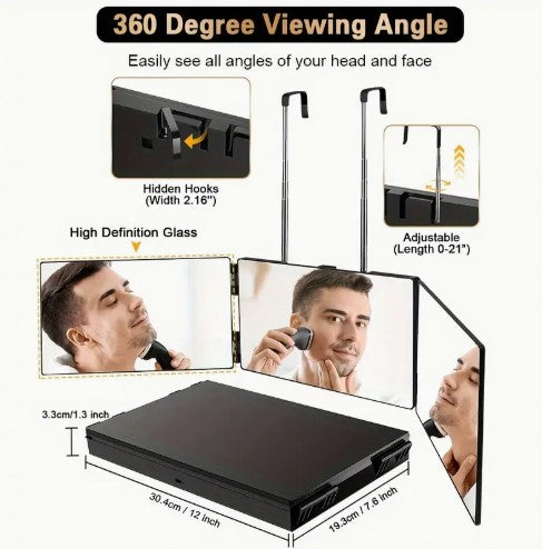 360-Degree Viewing Angle Hair Cutting Mirror, 3-Way Self Haircut Mirror with Clear Anti-Fog HD Glass.