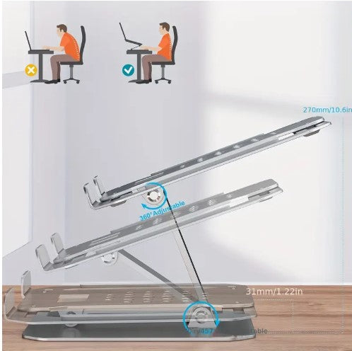 Adjustable Aluminum Laptop Stand - Portable & Foldable Ergonomic Riser for Desk.