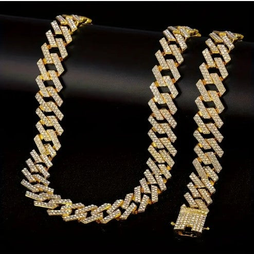 2pcs Shiny Cuban Link Chain for Men Necklace Set Plus Bracelet Set