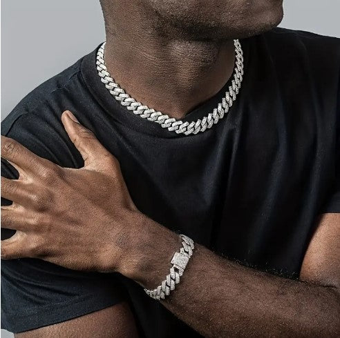 2pcs Shiny Cuban Link Chain for Men Necklace Set Plus Bracelet Set