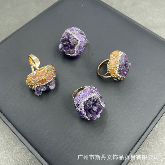 Natural Original Mine Crystal Tooth Gem Ring Uruguay Purple Quartz Ring European And American Personality Accessories Wholesale