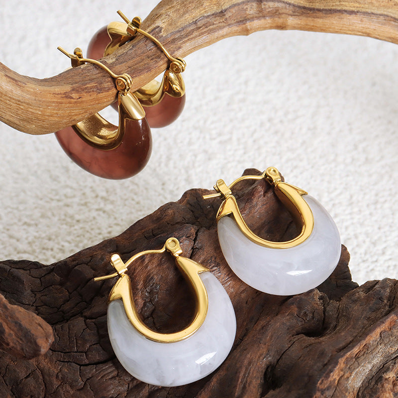 Antique Style Fashion Personality Niche Inlaid Resin Design Elegant Simple All-match Titanium Steel Gold-plated U-shaped Earrings