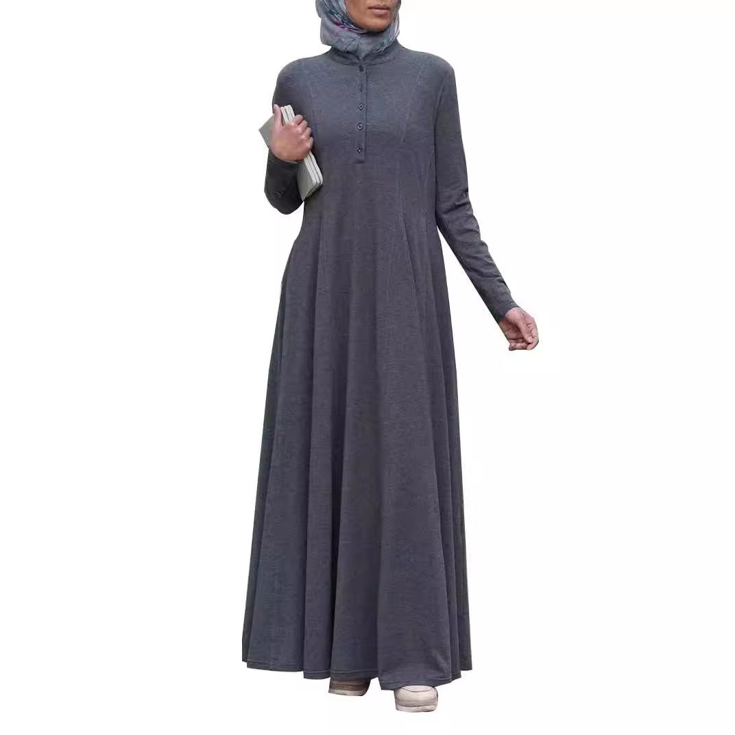 Muslim Hui Women&#039;s Clothing Middle East Women&#039;s Loose Solid Color Single-breasted Pullover Long Sleeve Dress Abaya