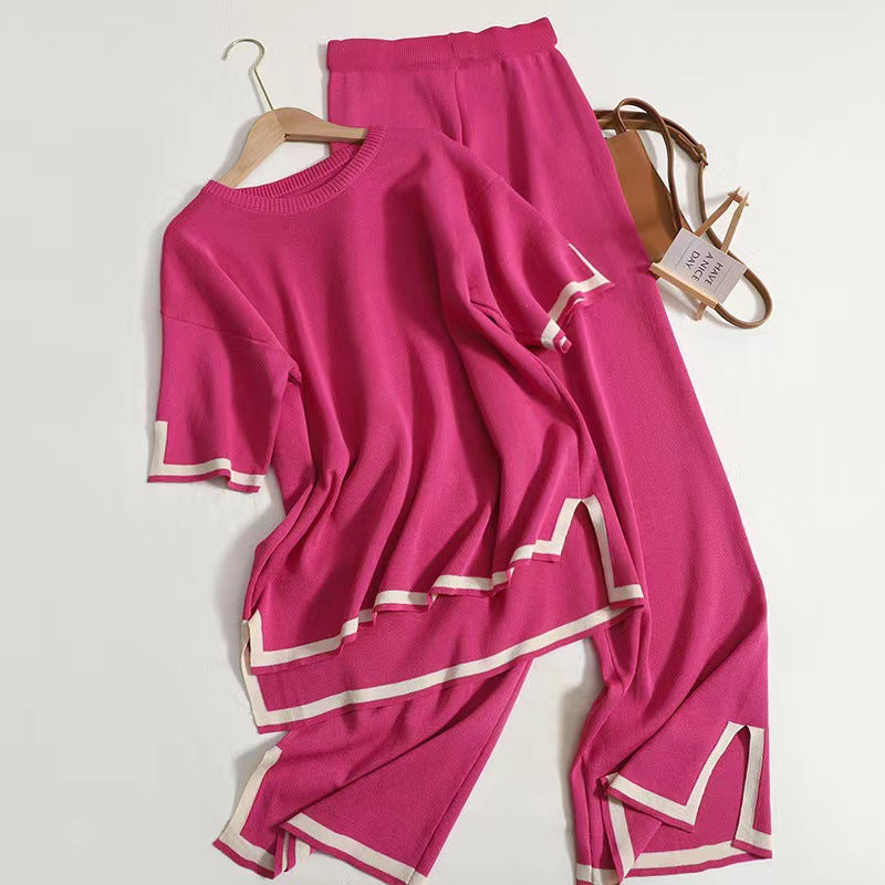 New Style Fashionable Contrasting Color Slit Short-sleeved Sweater + High-waist Slimming Wide-leg Pants Two-piece Set
