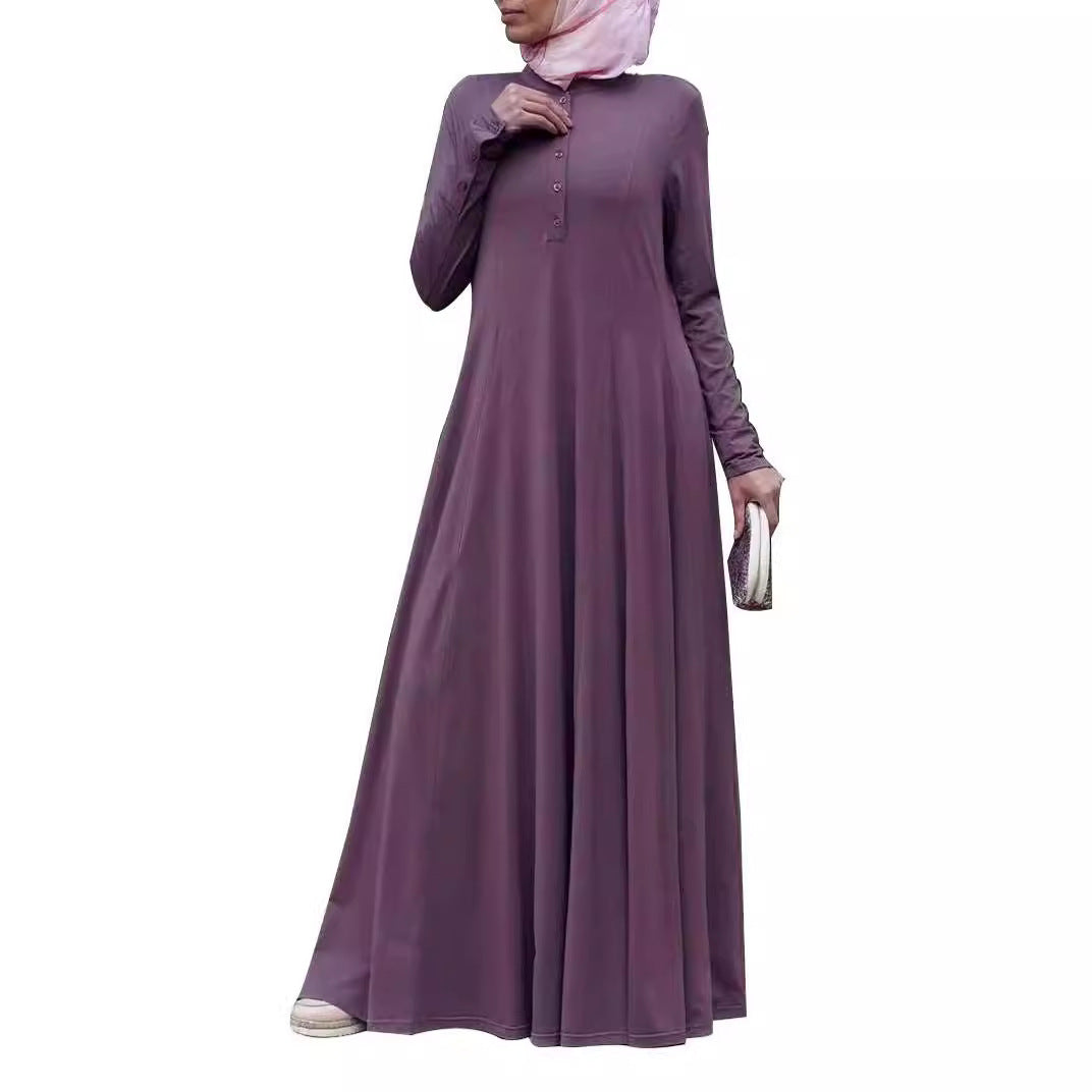 Muslim Hui Women&#039;s Clothing Middle East Women&#039;s Loose Solid Color Single-breasted Pullover Long Sleeve Dress Abaya