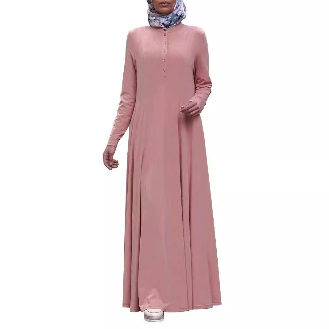Muslim Hui Women&#039;s Clothing Middle East Women&#039;s Loose Solid Color Single-breasted Pullover Long Sleeve Dress Abaya
