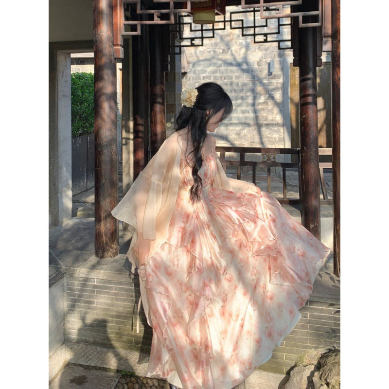 Temperament Heavy Industry Smudged Print Waist Slimming Ruffled Suspender Dress Women&#039;s Summer + Fairy Cardigan Suit