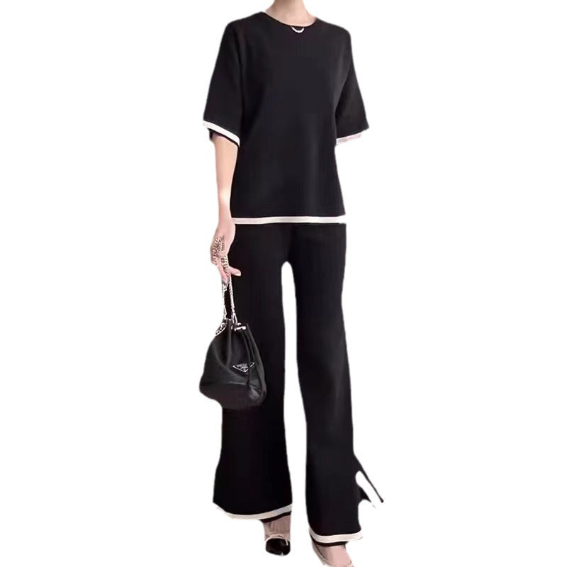 New Style Fashionable Contrasting Color Slit Short-sleeved Sweater + High-waist Slimming Wide-leg Pants Two-piece Set