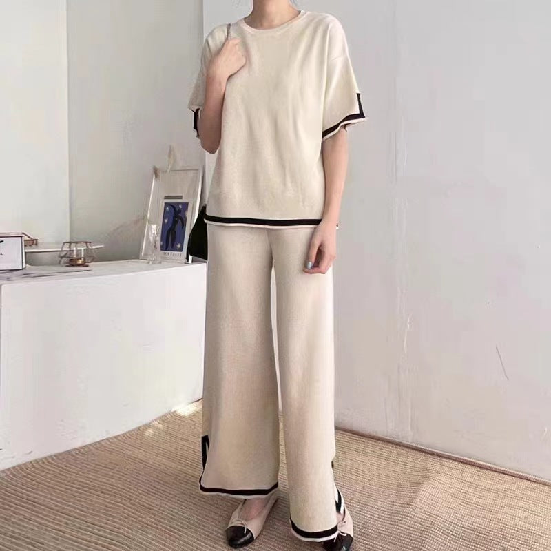 New Style Fashionable Contrasting Color Slit Short-sleeved Sweater + High-waist Slimming Wide-leg Pants Two-piece Set