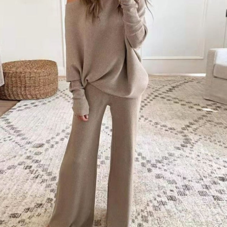 Women&#039;s Spring And Autumn Casual Solid Color Off-shoulder Women&#039;s Knitted Suit