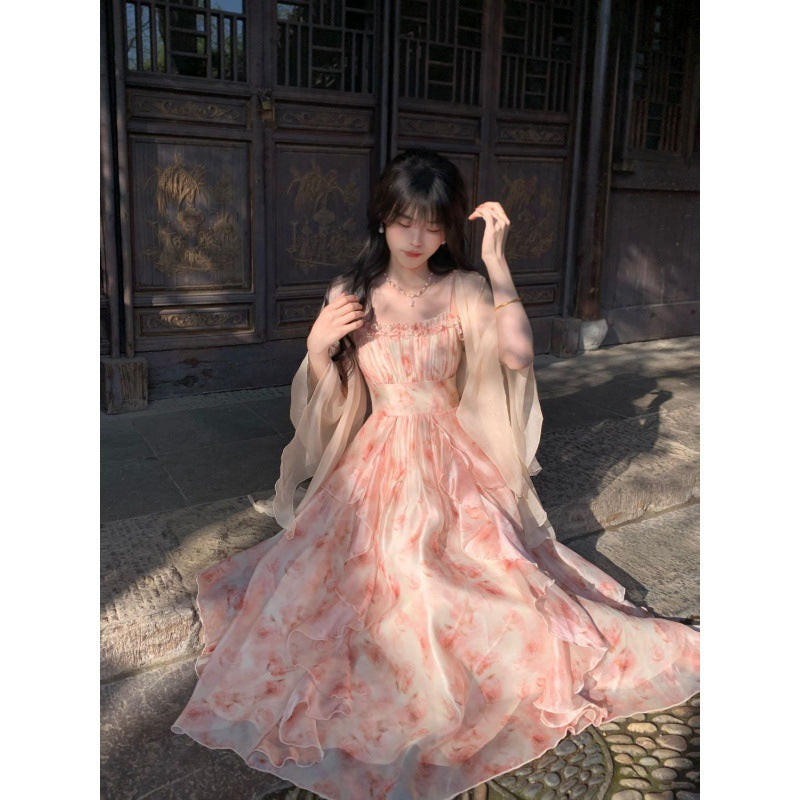 Temperament Heavy Industry Smudged Print Waist Slimming Ruffled Suspender Dress Women&#039;s Summer + Fairy Cardigan Suit