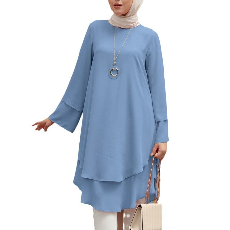 Two-layer Design Shirt Round Neck Solid Color Elegant Holiday Party Top Turkish Robe