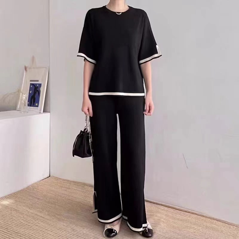 New Style Fashionable Contrasting Color Slit Short-sleeved Sweater + High-waist Slimming Wide-leg Pants Two-piece Set