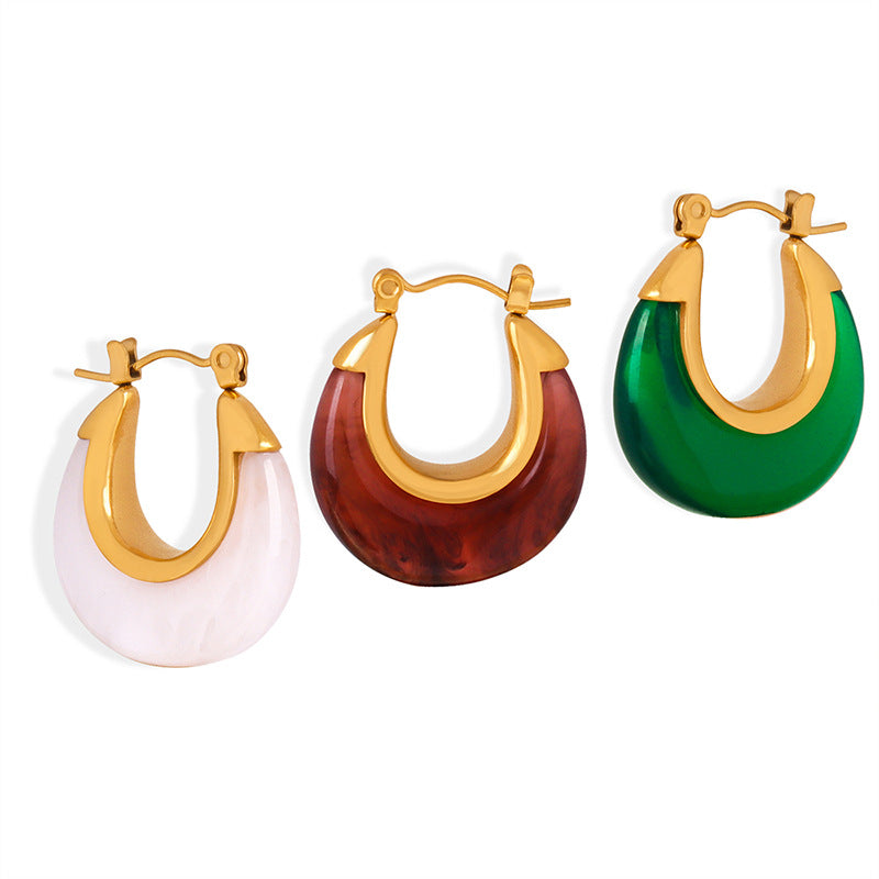 Antique Style Fashion Personality Niche Inlaid Resin Design Elegant Simple All-match Titanium Steel Gold-plated U-shaped Earrings